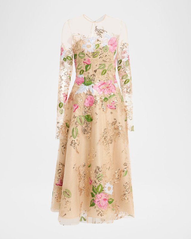 Floral Embroidered Long-Sleeve Tea-Length Dress